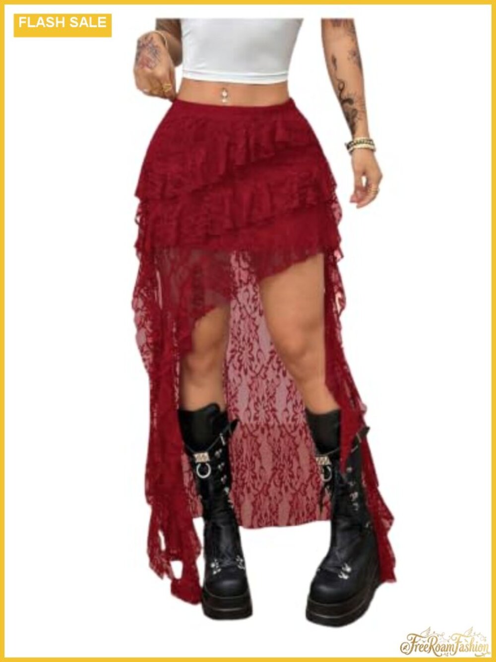 Plus Size Lace Ruffle Asymmetrical Long Skirt Western Size
